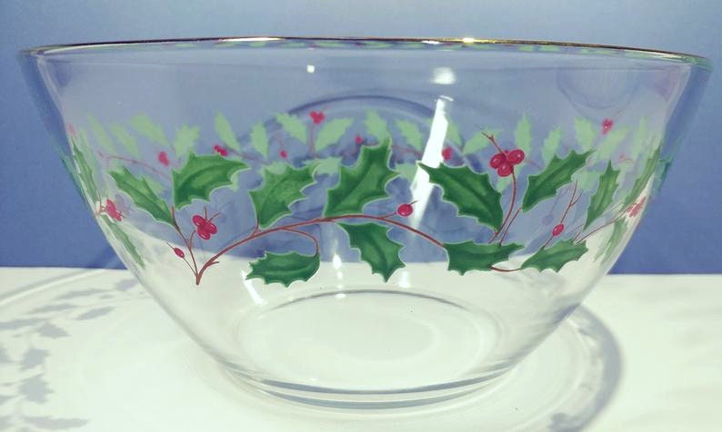 1980s 9x4.5 Christmas Glass Salad/Mixing Bowl by ARCOROC w/Holly Berry Pattern Cris d'Arques France Holiday Glassware Dinnerware Serveware image 3