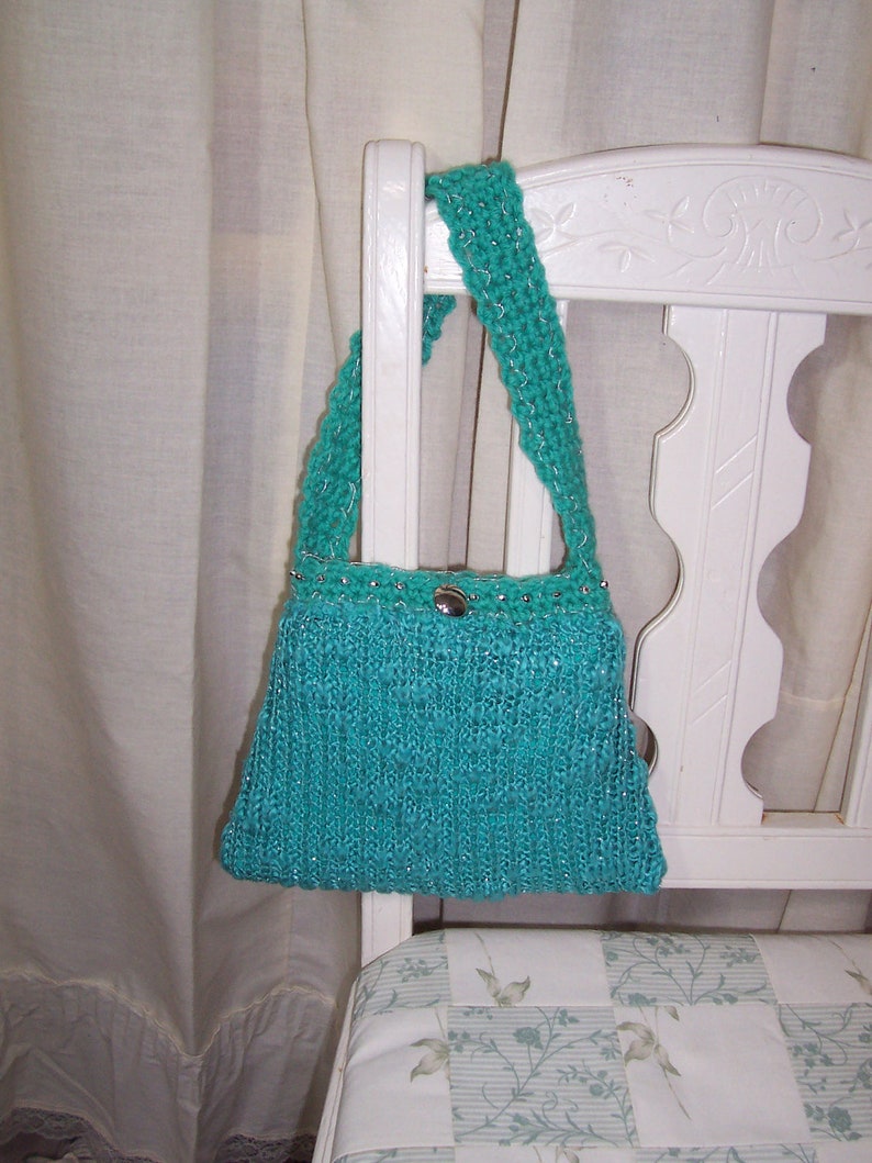 Unique Petite Teal Green Upcycled Knit Sweater Handbag w/Crochet Handle & Metallic Accents, OOAK Hand Made Repurposed Fashionable Gift Idea image 4