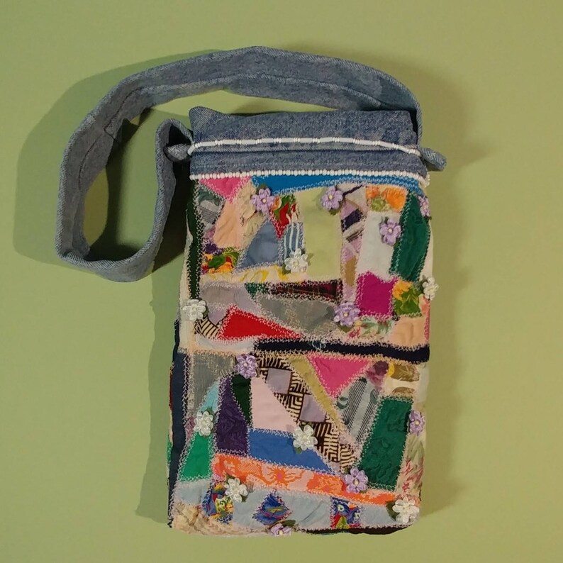 8x12 Hippie Fabric Art Pouch Festival Gypsy Crazy Quilt Style Denim Sack Patchwork Flowers Multicolor Multipurpose Tablet Reader Holder Gift