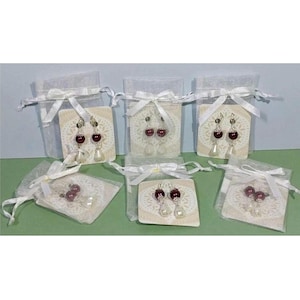 6 Carded Wedding Party Sets of  2" Pierce Earrings: Burgundy Bead, White Pearled Teardrops, Lever Back Ear Wire, w/Organza Storage Gift Bag