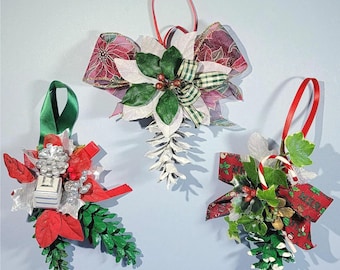 Set of 3 Holiday Natural Hand-Painted Pinecone Poinsettia Gift Package Toppers OR Tree Ornaments, Wreath OR Basket Assembling Supply & Decor
