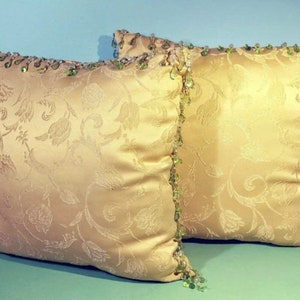 CHOICE: 17x17" Square Yellow-Gold Sateen Brocaded Fabric Pillows w/Beaded Fringe Versatile Design Boudoir Settee Living Room Bedroom Cushion