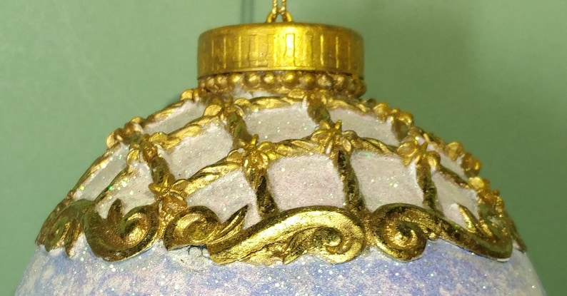 Rare XL 6.5T x 5W Glittered Christmas Ornament Blue White Victorian Style Gold Repousse Scrollwork Holiday Hanging Tree Collect Decoration