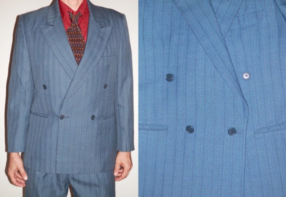 2 Pc Pinstripe Blue Dress Suit Dinner Jacket & Pants 55% Polyester 45% Wol Streep Stof Voor Heren Pak Buy
