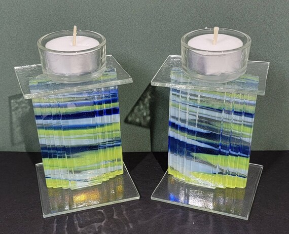 Pair of Art Deco Fused Artisan Glass Tea Light Votive Candle