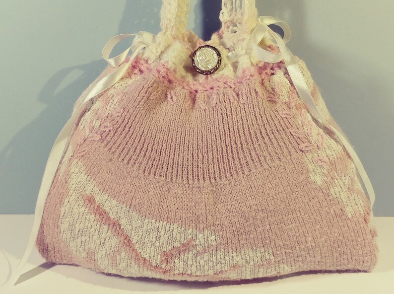 10x13 Mauve Pretty Pink & White Drawstring Purse Knit Crochet Upcycle Sweater Restyle Repurpose ...