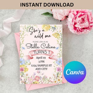 Wild One Wildflower 1st Birthday Invitation Template, Editable Our Little Wildflower is One Girl First Birthday Invite WF322