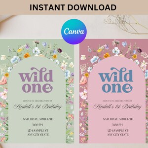 Wild One Wildflower 1st Birthday Invitation Template, Editable Our Little Wildflower is One Girl First Birthday Invite WF321