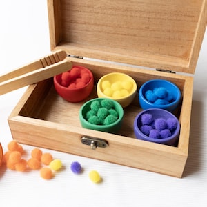 Pom Pom Sorting and Counting Activity Box, Wooden, Montessori Learning & Educational Toy, Preschool, Fine Motor, Kindergarten, Special Ed