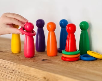 Wooden Rainbow Stacking Rings & Peg Dolls | Montessori Toddler Toy
