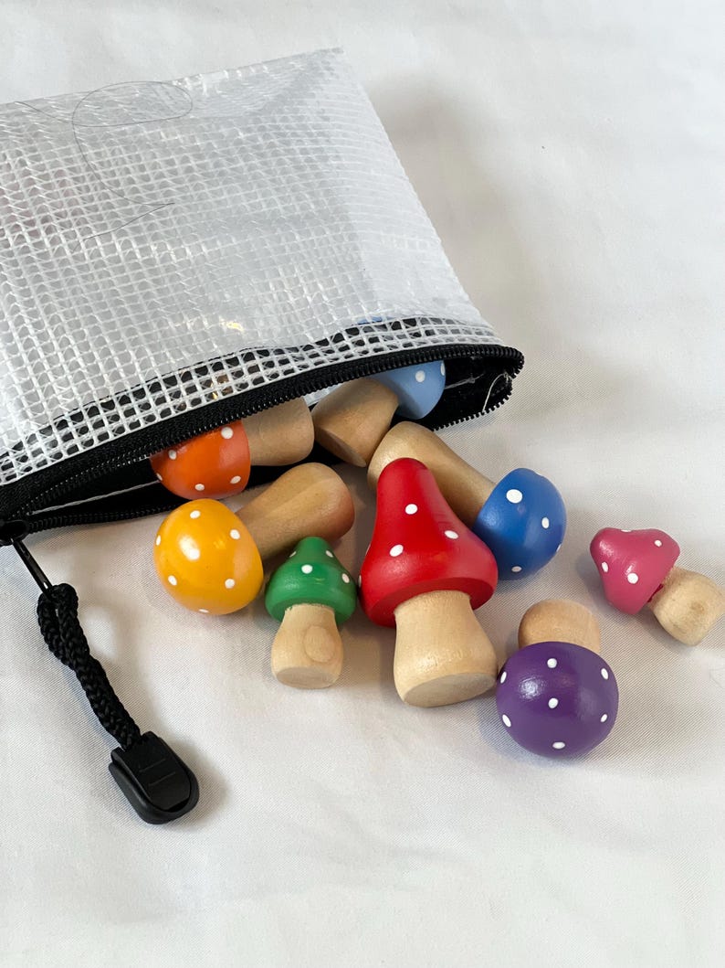 May include: A collection of colorful wooden mushroom toys with white polka dots spills from a white mesh zippered bag. The mushrooms have red, blue, green, orange, yellow, pink, and purple caps. The stems are natural wood.