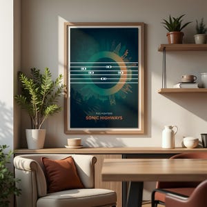 Puede incluir: Un póster enmarcado con un diseño gráfico en verde azulado y naranja con el texto "FOO FIGHTERS SONIC HIGHWAYS". La obra de arte incluye un diseño circular con siluetas de ciudades y notación musical. El póster se exhibe en una habitación con estantes de madera y una silla.