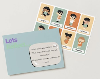 May include: A set of colorful cards with illustrations of children expressing different emotions. Each card has a word describing the emotion, such as "angry", "annoyed", "anxious", "ashamed", "calm", and "cheerful". The cards are designed to help children learn about and express their emotions. There is also a separate card with the text "Lets Reflect" and prompts for reflection.