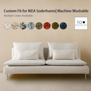 May include: A white sofa with two seat cushions and two back cushions, plus two rectangular pillows. The image shows a variety of fabric color samples. Text reads: "Custom Fit for IKEA Soderhamn | Machine Washable".