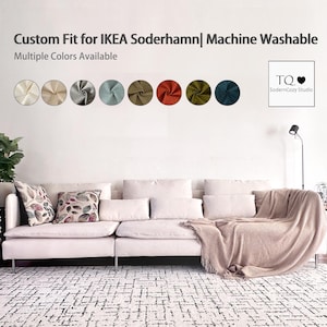 May include: A light-colored sectional sofa with multiple cushions and a matching throw blanket. The image displays a variety of fabric color swatches, with text indicating custom fit for IKEA Soderhamn sofas. The rug has a black and white geometric pattern.
