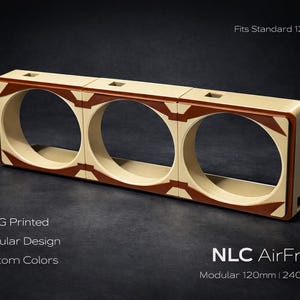 May include: A beige and brown NLC AirFrame, designed to fit standard 120mm fans. The modular design is PETG printed and allows for custom colors. The text "Fits Standard 120mm Fans" is visible.