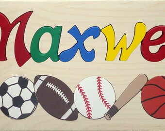 Wooden Custom Name Puzzle - any ONE name Upper/lowercase & sports theme