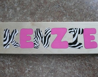 Zebra Letters Wooden Custom One-Name Puzzle - Personalized Custom Artist Painting of 4 letters in your name
