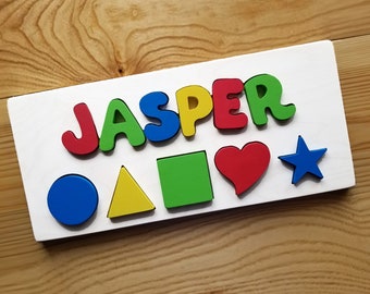 Custom Wood One Name Puzzle with 5 shapes (circle, triangle, square, heart, & star) - Gift: Baby Shower + Birthday + Christmas + Easter