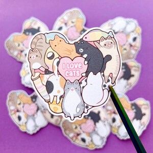 J'aime les chats autocollant givré | Tas de chats en forme de coeur | Vinyle imperméable | Papeterie kawaii mignonne