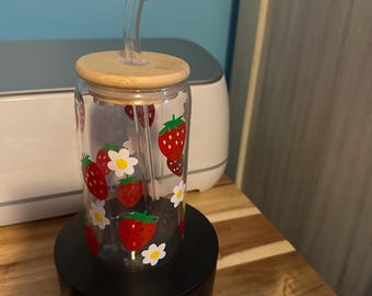 Erdbeer Glas Tasse | Eiskaffeetasse | 16 Unzen Bierdose Glas Tasse