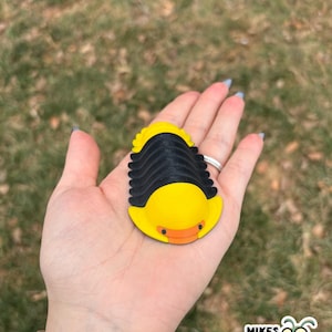 May include: A yellow and black trilobite-shaped object with an orange mouth is held in a hand. The object has a segmented body and a curved, yellow head. The background is blurred green grass. The object is from Mikes Bug Box.
