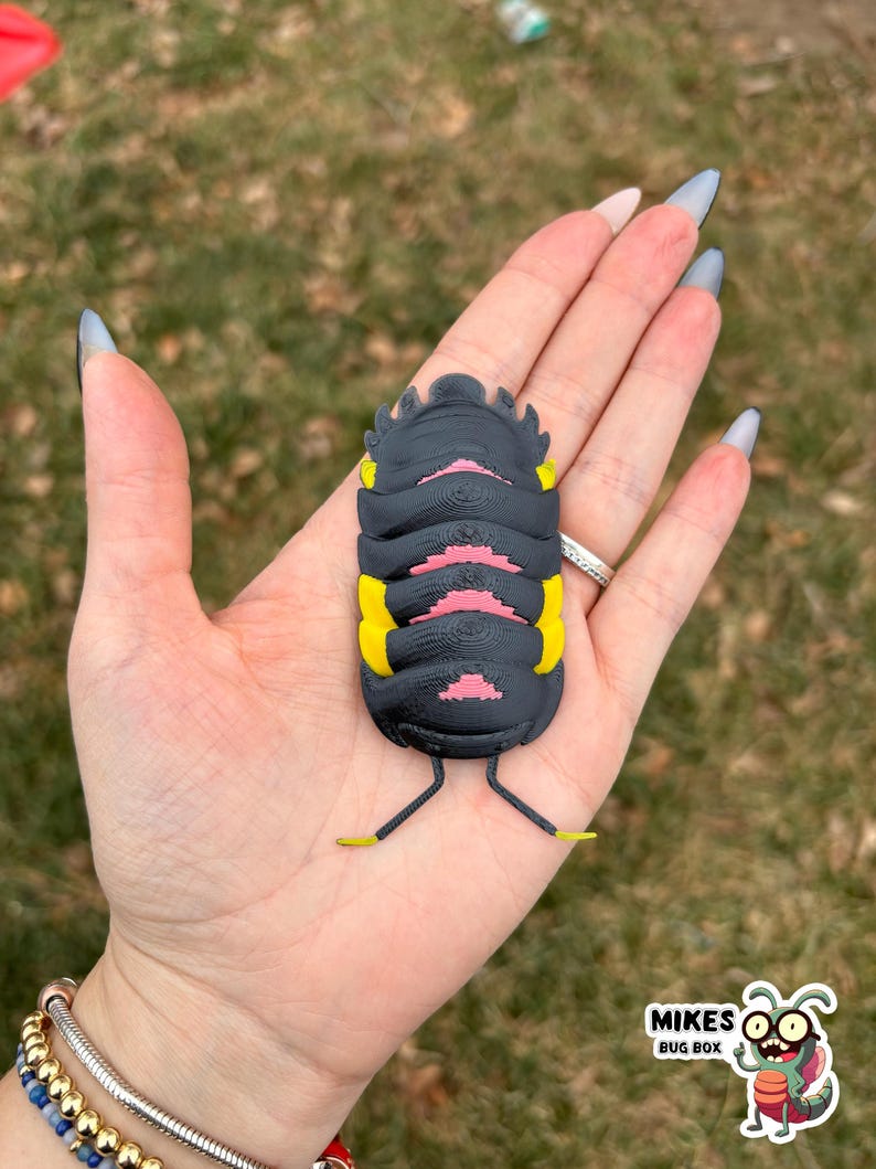 May include: A 3D-printed bug toy with a segmented black body, yellow accents, and pink details. The toy is held in a hand with long, gray fingernails. The logo "MIKES BUG BOX" is visible in the lower right corner.