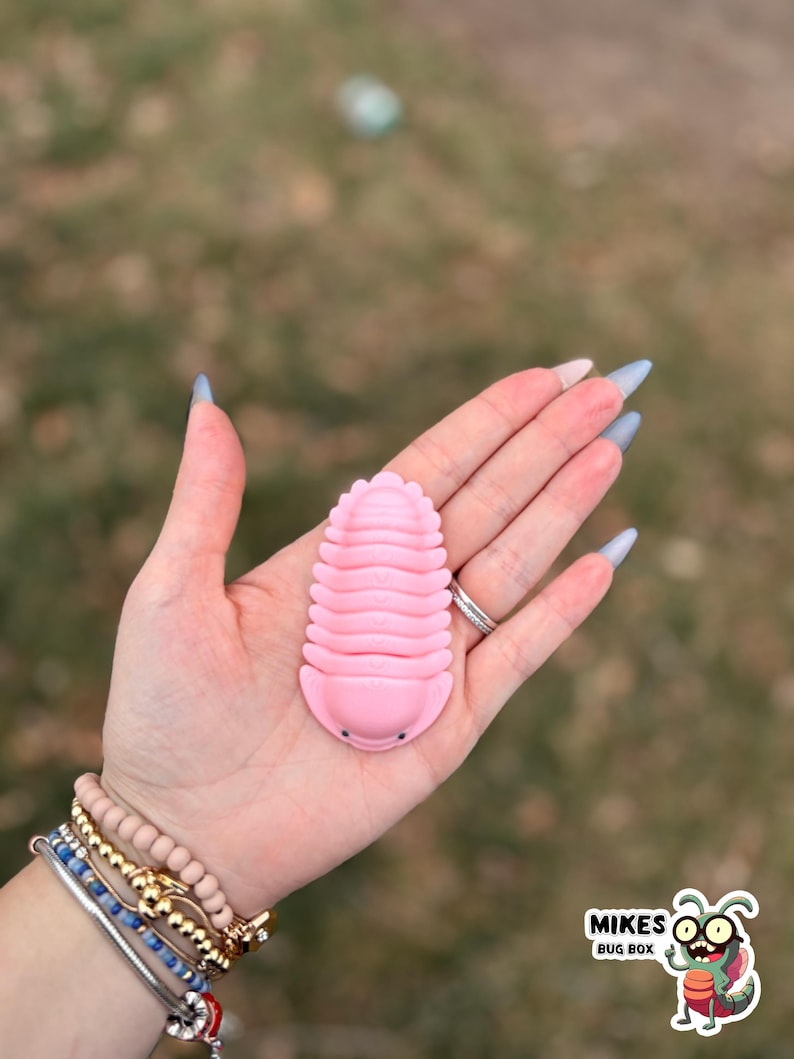 May include: A pink, segmented toy bug with small black eyes is held in a hand. The toy is a light pink color and has a ridged texture. The hand is adorned with bracelets and rings. The background is blurred, with a logo in the bottom right corner.