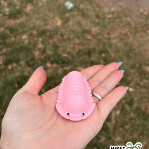 May include: A pink trilobite toy with small black eyes is held in a hand. The toy is a light pink color and has a segmented body. The background is blurred, showing grass and a small amount of trash. The image includes a logo for "Mikes Bug Box."