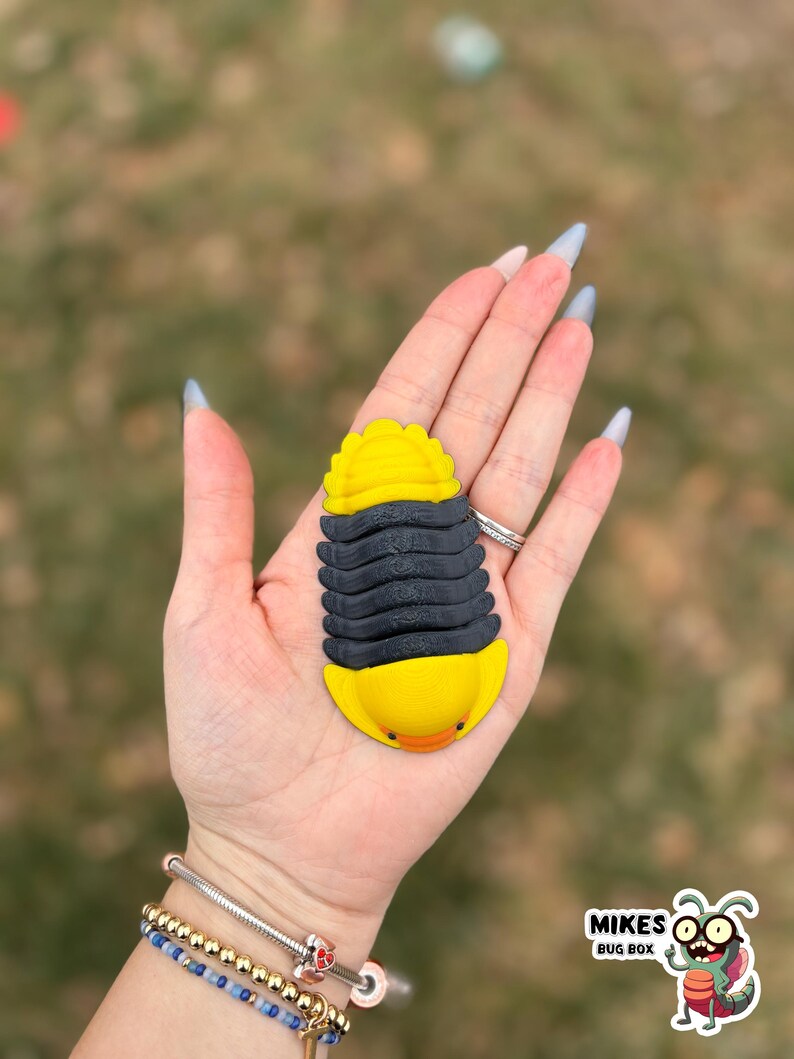 May include: A yellow and black bug-shaped figurine with a segmented body and a smiling face. The figurine is held in a hand, and the background is blurred. The figurine has the text "MIKES BUG BOX" on the bottom right.