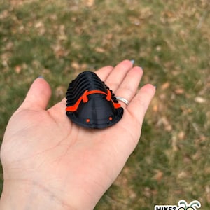 May include: A black and orange 3D-printed trilobite model. The model is held in a hand against a blurred background of grass. The trilobite has a segmented body with orange accents. The image includes the "MIKES BUG BOX" logo.