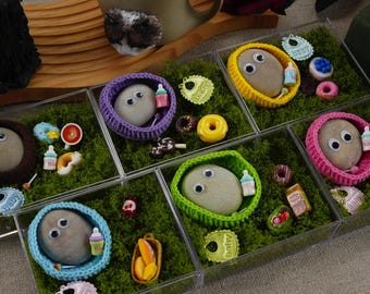 May include: Six clear containers with green moss, each containing a small gray rock with googly eyes, a crocheted hat, and various miniature baby-themed items. The hats are in different colors, including purple, yellow, pink, green, and blue.