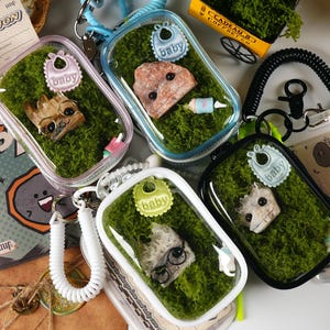 May include: Four clear plastic keychain holders with a white, black, blue, and light blue trim. Each holder contains a small stuffed animal, moss, and a small plastic baby bib with the word "baby" on it. The keychain holders are attached to a white, black, and blue coiled keychain.