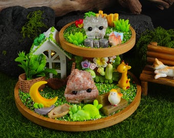 Crystal Pet Music Paradise: Double-Layer Desktop Decor with Lighted House