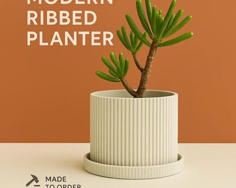 May include: A white ribbed planter with a small succulent plant inside. The planter has a matching saucer. The text "MODERN RIBBED PLANTER" is at the top of the image. The text "MADE TO ORDER" and "PLANT-BASED" are at the bottom of the image.