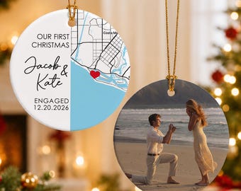 Personalized Engagement Ornament, Custom Map and Photo Christmas Ornament, Our First Christmas Engaged Gift for Couple, Proposal Keepsake