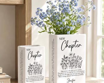 Personalized New Chapter Begins Ceramic Book Vase, Custom Retirement Flower Book For New Job Gift, Gift For Book Lovers, Reader Home Decor
