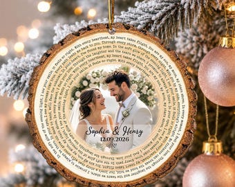 Personalized Vinyl Lyrics Wood Ornament, Custom Wedding Photo Ornament, Couple Keepsake, Wedding Gift, Anniversary Gift, Engagement Gift