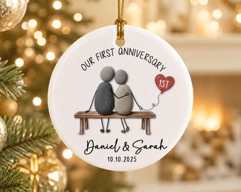 Personalized 1st Anniversary Pebble 2D FLAT Ornament,Romantic valentine married Gift for Husband or Wife,1st paper wedding Ceramic Ornament