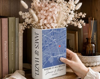 Custom Coordinates Book Ceramic Vase, Where It All Began Map Gift, Personalized Couple Location Keepsake, Anniversary Present, Wedding Gift