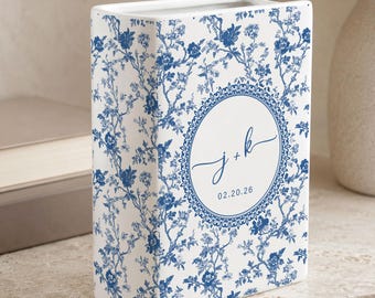 Custom Couple Name Engagement Ceramic Book Vase, Custom Toile De Jouy Book Vase, Toile de Jouy Engaged Gift, Engagement Gift, Gift For Bride
