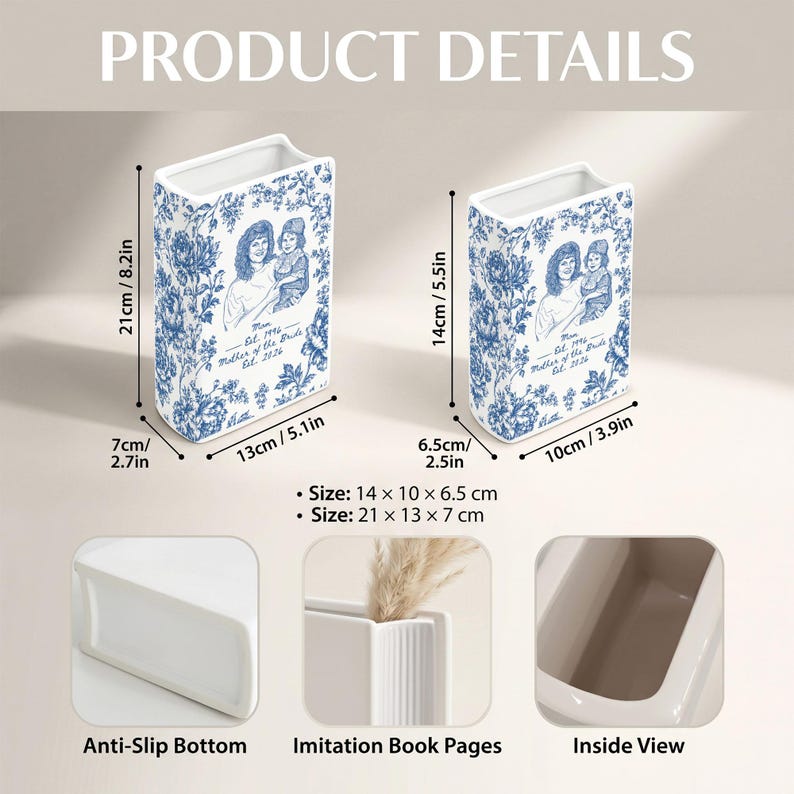 May include: Two white ceramic book-shaped vases with blue floral patterns and a custom portrait illustration. The larger vase measures 8.2 x 5.1 x 2.7 inches, and the smaller vase measures 5.5 x 3.9 x 2.5 inches. Features include an anti-slip bottom.