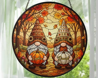 Stained Glass Custom Gnome Couple Suncatcher, Custom Couple Gnome Home Decor,Wedding Anniversary Gift for Husband Wife,First Xmas Keepsake