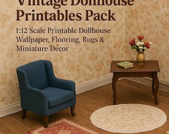 Paquete de imprimibles de casas de muñecas vintage / Papel tapiz, suelos, alfombras y decoración en miniatura para casa de muñecas a escala 1:12 / Miniaturas DIY en PDF