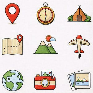 May include: A collection of travel-themed icons, including a red location marker, a compass, a tent, a map with a marker, mountains with a sun, an airplane, a globe, a camera, and two landscape photos. All icons are outlined in black.