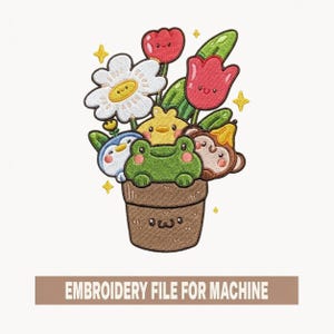 Diseño de bordado de maceta con flores de animales lindos, paquete floral Kawaii de rana, pato, pingüino y mono, archivo de bordado a máquina para niños