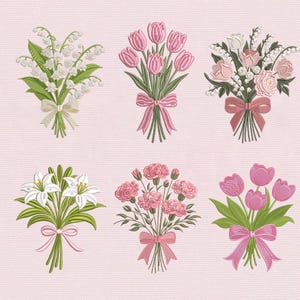 May include: Six embroidered bouquets of flowers in various arrangements. The bouquets include lilies of the valley, tulips, roses, lilies, and carnations. Each bouquet is tied with a ribbon. The background is a light pink fabric.