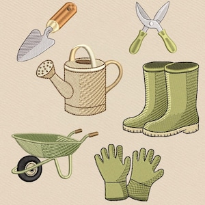 May include: An illustration of gardening tools including a trowel, watering can, pruning shears, rain boots, wheelbarrow, and gloves. The tools are in shades of green, tan, and brown, suggesting a theme of gardening and outdoor activities.