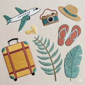 Travel Embroidery Bundle, Vacation Embroidery Designs Set, Airplane Camera Suitcase Hat Flip Flops Palm Leaves, Summer Trip Files