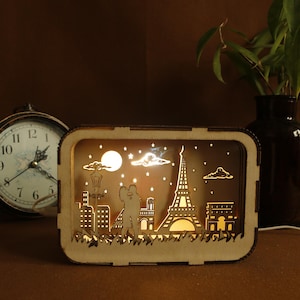 Paris Eiffel Tower Lightbox: Romantic Handmade Wood Night Lamp